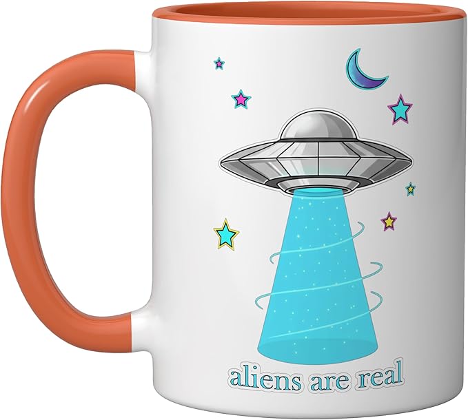 Aliens Are Real Retro UFO Flying Saucer Beam Space Ceramic Mug, Orange/White