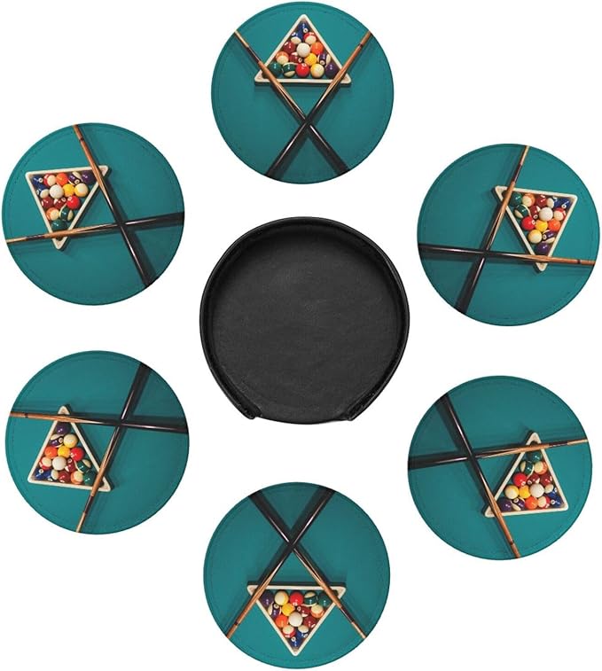 Billiards Leather Drinks Coasters with Holder, Set of 6, Suitable for Various Cups