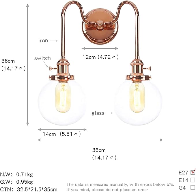 Wall Lamps with Switch, 2-Lights Rose Gold Bathroom Vanity Lights Wall Mounted Lighting Clear Glass Lampshade Wall Sconces(Color:D)