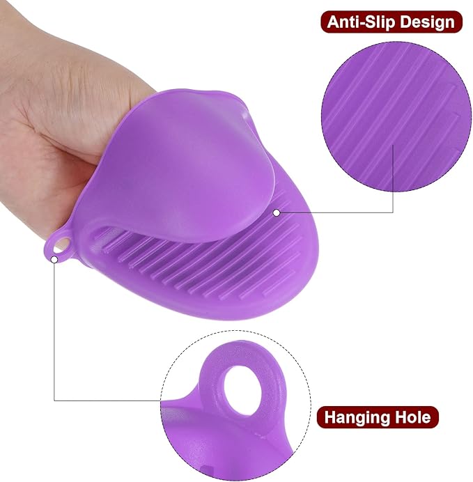 HARFINGTON 4pcs Thickened Mini Oven Gloves, Heat Resistant Silicone Oven Mitts Finger Pinch Grips Pot Holder for Kitchen, Cooking, Baking, BBQ Heat Resistant Gloves, Purple
