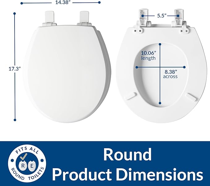 Mayfair Cassel Slow Close Toilet Seat, Easy Clean, Non Slip Premium Wood Seat, Easy Install, Made in USA, Round, White, 4-Pack