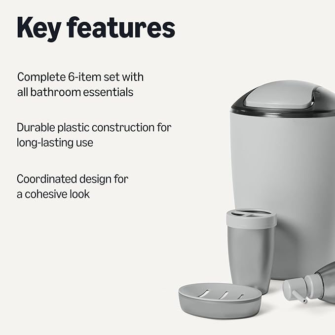 Amazon Basics Bathroom Set, 6-Piece with Toothbrush Holder, Soap Dispenser, Soap Dish, Toothbrush Cup, Trash Can, Toilet Brush and Holder, Grey