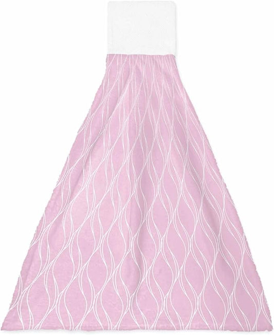 Alandar Home Kitchen Tie Towel Set of 1, Abstract Long Waves on Pink Absorbent Soft Hand Towels for Bathroom Hanging Towels, Modern Geometric Art Fast Drying Cleaning Cloth with Loop