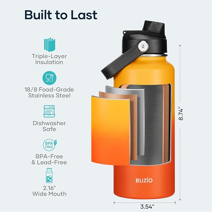 BUZIO 32oz Insulated Water Bottle, Triple Wall Vacuum Stainless Steel Water Flask with Straw Lid, BPA-Free Leakproof Sports Canteen for Sports Hiking, Cold 48H & Hot 24H- Yellow Orange