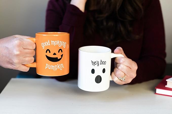 Pearhead Halloween Coffee Mug Set of 2 Fall Pumpkin Ghost Ceramic Cups 16oz Microwave Dishwasher Safe Autumn Gift