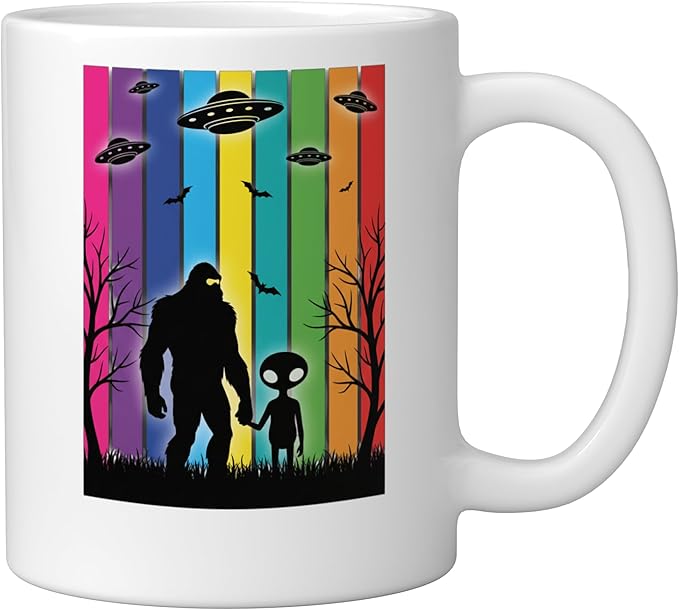 Bigfoot Holding Hands With Alien Ufo Rainbow Sci Fi Ceramic Mug, White