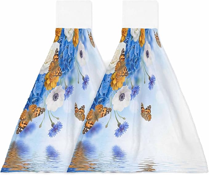 Alandar Home Kitchen Tie Towel Set of 2, Watercolor Embroidered Balls White Daisy Absorbent Soft Hand Towels for Bathroom Hanging Towels, Flower Butterflies Fast Drying Cleaning Cloth with Loop