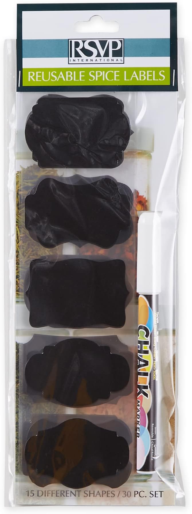RSVP International Reusable Pantry/Spice Labels, Assorted Shapes, 30-Piece, Black