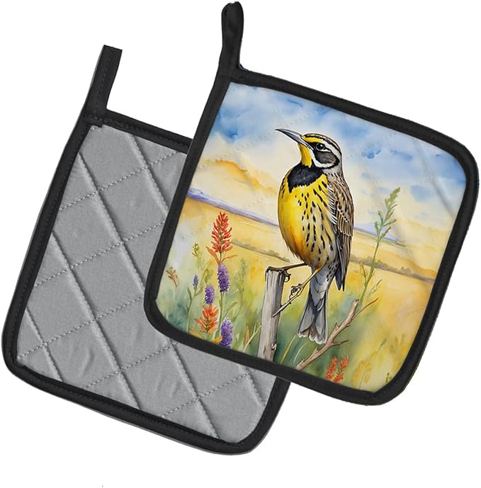 Caroline's Treasures Kansas Western Meadowlark Pair of Pot Holders Kitchen Heat Resistant Pot Holders Sets Oven Hot Pads for Cooking Baking BBQ, 7 1/2 x 7 1/2