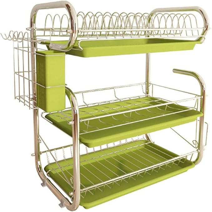 3 Tier Stainless Steel Dish Drainer Cutlery Rack Organiser Kitchen Drip Tray (Color : Green)