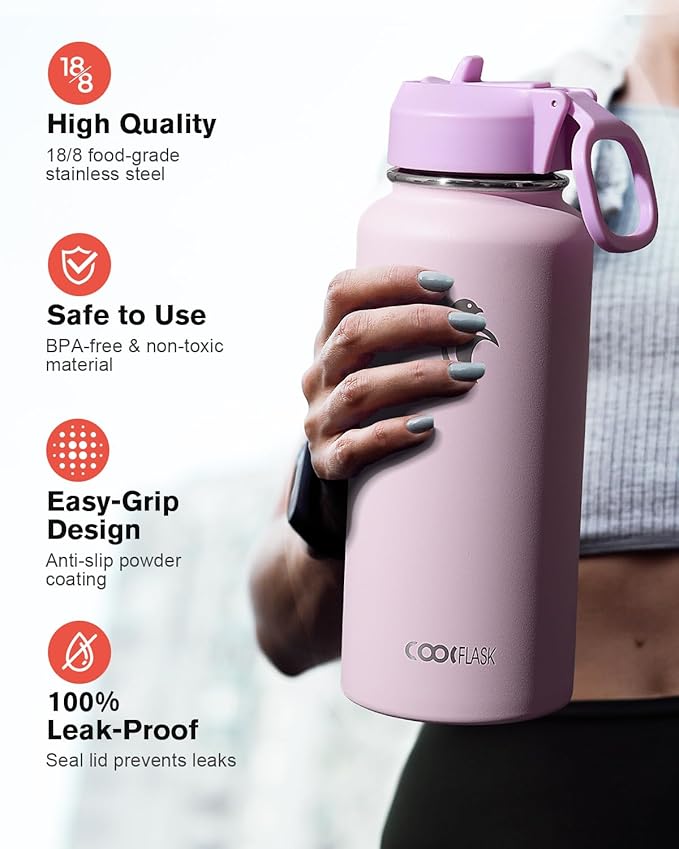 Coolflask Water Bottle 32 oz Insulated with Straw, Stainless Steel Metal 3 Lids Water Flask Wide Mouth for Sports or Office, Non-BPA Keep Cold Up to 48 Hrs or Hot Up to 24 Hrs, Pink