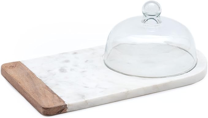 White Marble Glass Domed Cheese Board, & Cake Stand with Lid Glass Cloche Cover Gute, Handcrafted Acacia Wood Decorative, Centerpiece Platter, Kitchen Server Slab Tray Display Pastries, Pies 13x7