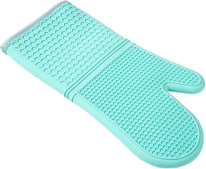 Comfy Grip 14 x 7.3 Inch Thick Baking Mitts, 1 Food-Grade Cooking Glove Set - 2-Piece Set, Heat-Resistant, Turquoise Silicone Oven Mitts, Honeycomb Texture, With Soft Cotton Lining - Restaurantware