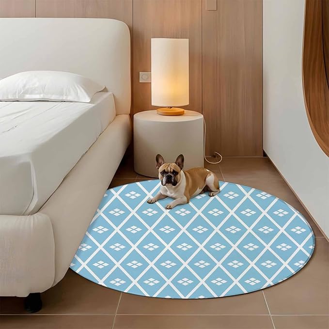 Washable Round Area Rug Boho Blue White Plaid Line Circle Rugs Floor Carpet for Living Room Bedroom, Abstract Geometric Diamond Soft Non Slip Round Rug 3ft