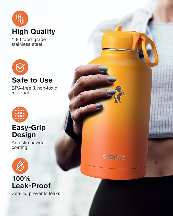 Half Gallon Water Bottle Insulated with Straw & 3 Lids, Coolflask 64 oz Water Jug Large Metal Stainless Steel Wide Mouth for Sports, Gym or Office, Non-BPA Keep Cold 48H Hot 24H, Ombre Yellow/Orange