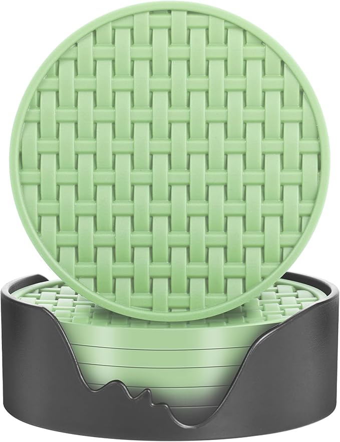 Green Silicone Drink Coasters Set of 6 with Holder, 4 Inch Round Non-Slip Heat-Resistant & Waterproof Cup Mats, Decorative Coasters for Coffee Table, Home, Kitchen, Office, Bar & Desk