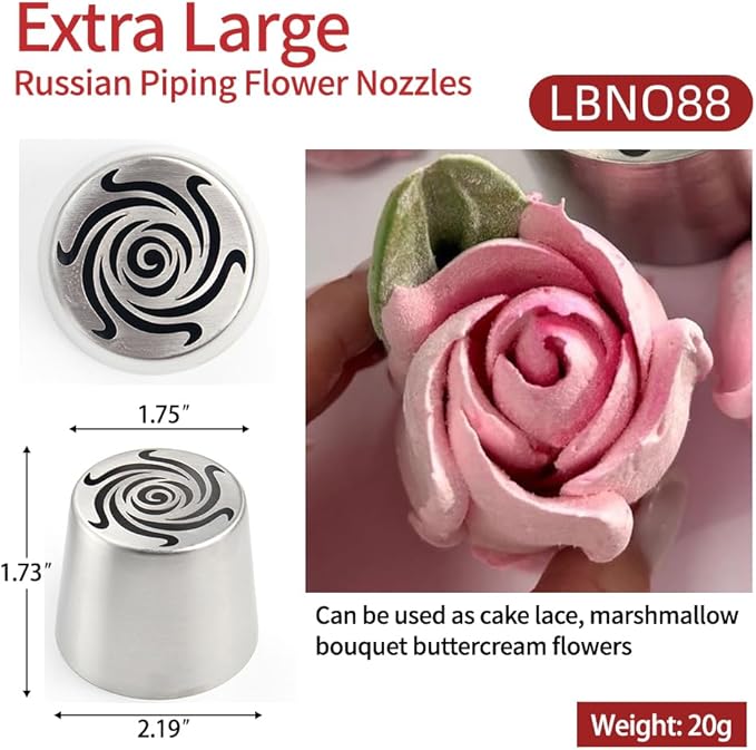 Extra Large Russian Piping Tip Set - 6 Stainless Steel Marshmallow Buttercream Framing Nozzles for 3D Roses Tulip Cake Decorations and Marshmallow Bouquets, Includes 1 Cleaning Brush(6I)