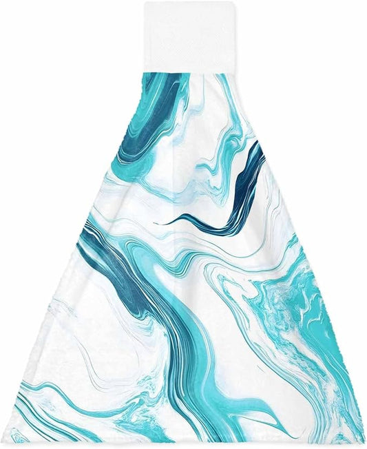 Alandar Home Kitchen Tie Towel Set of 1, Abstract Blue Gradient Marble Absorbent Soft Hand Towels for Bathroom Hanging Towels, Ombre Water Ripple Fast Drying Cleaning Cloth with Loop