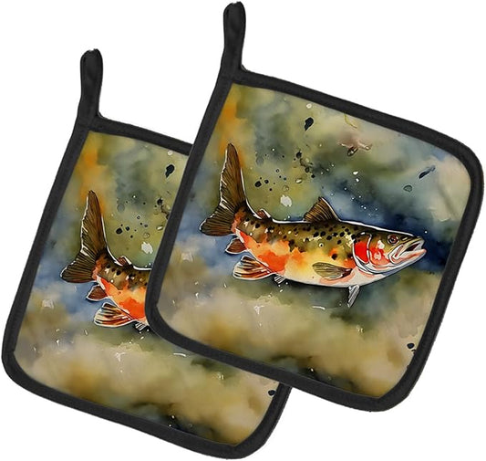 Caroline's Treasures Brook Trout Pair of Pot Holders Kitchen Heat Resistant Pot Holders Sets Oven Hot Pads for Cooking Baking BBQ, 7 1/2 x 7 1/2