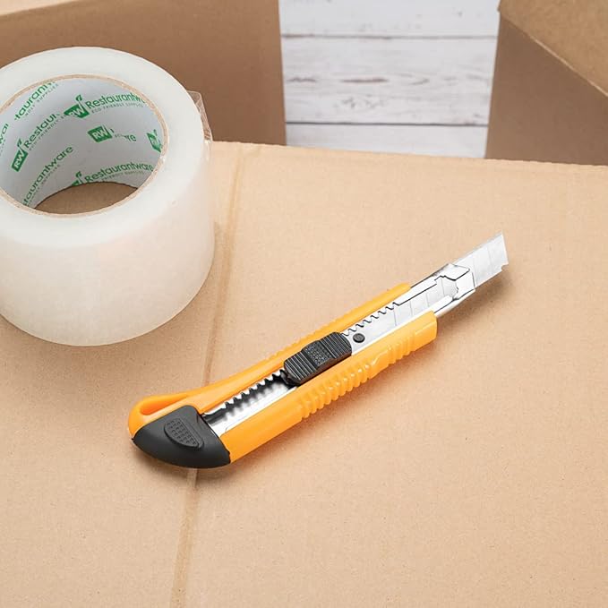 Handy Tek 6.5 Inch Utility Knives, 4 Anti-Slip Box Knives - Heavy Duty, Retractable, Yellow Plastic Box Cutters, Built-In Lock, Sharp Blade - Restaurantware