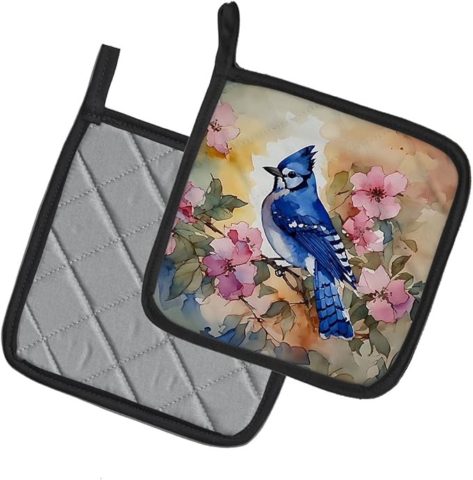 Caroline's Treasures Blue Jay Pair of Pot Holders Kitchen Heat Resistant Pot Holders Sets Oven Hot Pads for Cooking Baking BBQ, 7 1/2 x 7 1/2