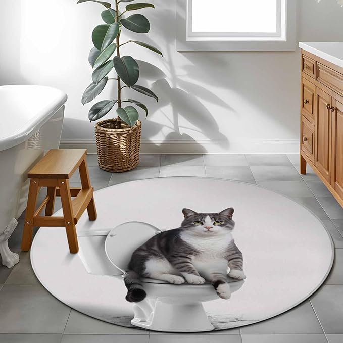 Washable Round Area Rug Cute Funny Cat on The Toilet Circle Rugs Floor Carpet for Living Room Bedroom, Animal Grey Art Soft Non Slip Round Rug 4ft