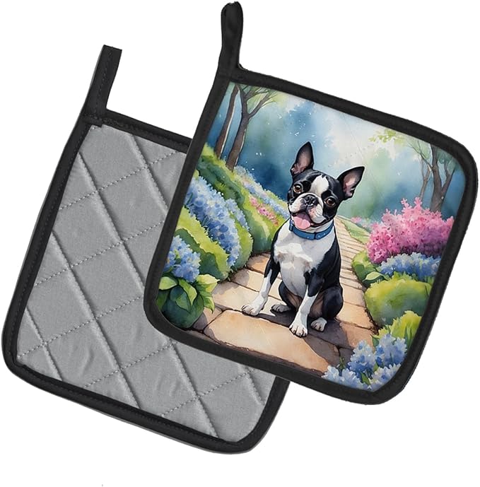 Caroline's Treasures Boston Terrier Spring Path Pair of Pot Holders Kitchen Heat Resistant Pot Holders Sets Oven Hot Pads for Cooking Baking BBQ, 7 1/2 x 7 1/2
