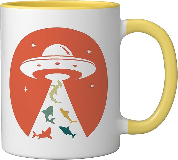 Funny UFO shark lover humor UFO lover flying saucer Ceramic Mug, Yellow/White