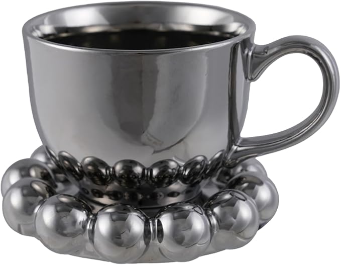 Bloomingville 12-Ounce Stoneware Mug with Ball Edge Saucer, Chrome-Finish