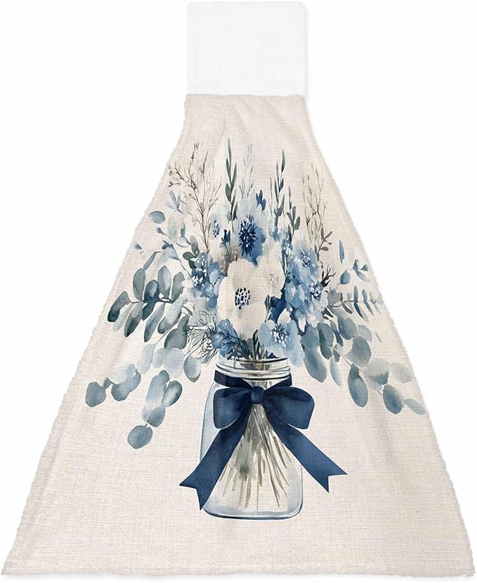 Alandar Home Kitchen Tie Towel Set of 1, Blue Eucalyptus Leaves Vase on Linen Absorbent Soft Hand Towels for Bathroom Hanging Towels, Spring Flower Leaf Fast Drying Cleaning Cloth with Loop