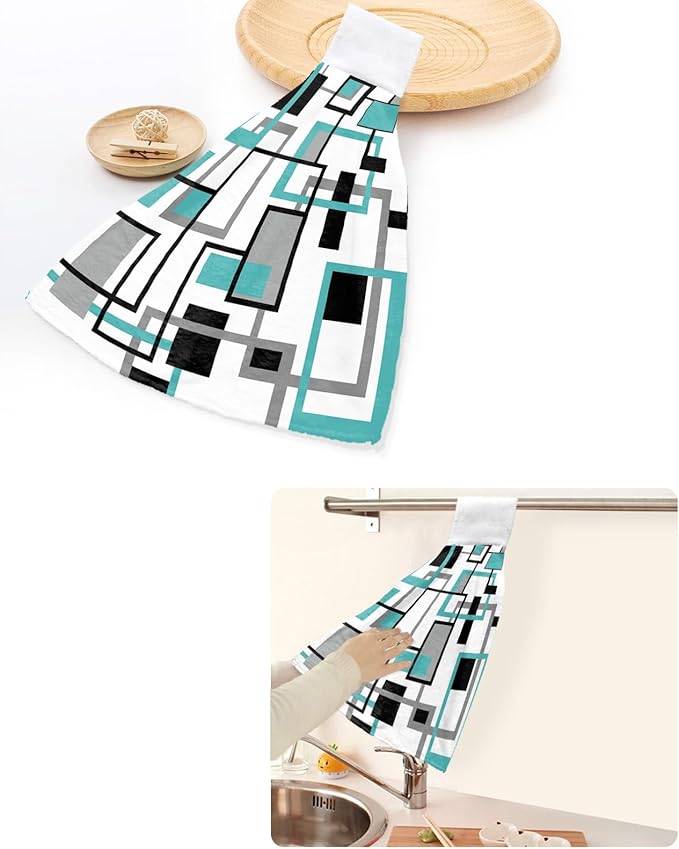 Alandar Home Kitchen Tie Towel Set of 2, Teal Abstract Geometric Retro Mid Century Absorbent Soft Hand Towels for Bathroom Hanging Towels, Nordic Style Fast Drying Cleaning Cloth with Loop