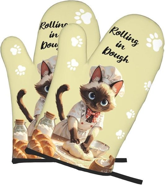 Wyayzh Funny Cat Chef Oven Mitts of 2-Pack Set, Rolling in Dough Kitchen Gloves Heat Resistant Non-Slip Kitchen Mitts Safe Cooking Baking Grilling
