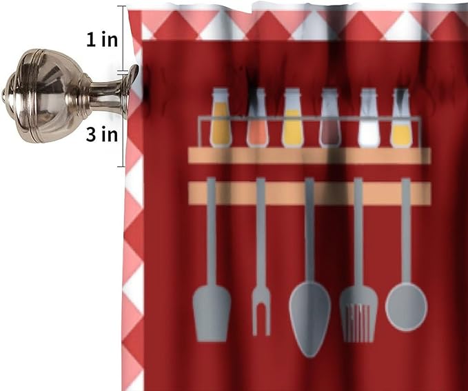 Funny Chef Kitchen Valance, Red Checkered Cartoon Chef Cooking Scene Rod Pocket Window Curtain for Kitchen Dining Resturant Bedroom Home Decor, 54x18Inch