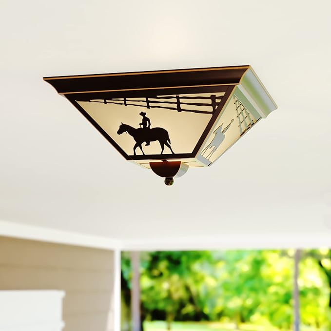 VAXCEL Trail Bronze Rustic Horse Cowboy Square Outdoor Flush Mount Ceiling Light