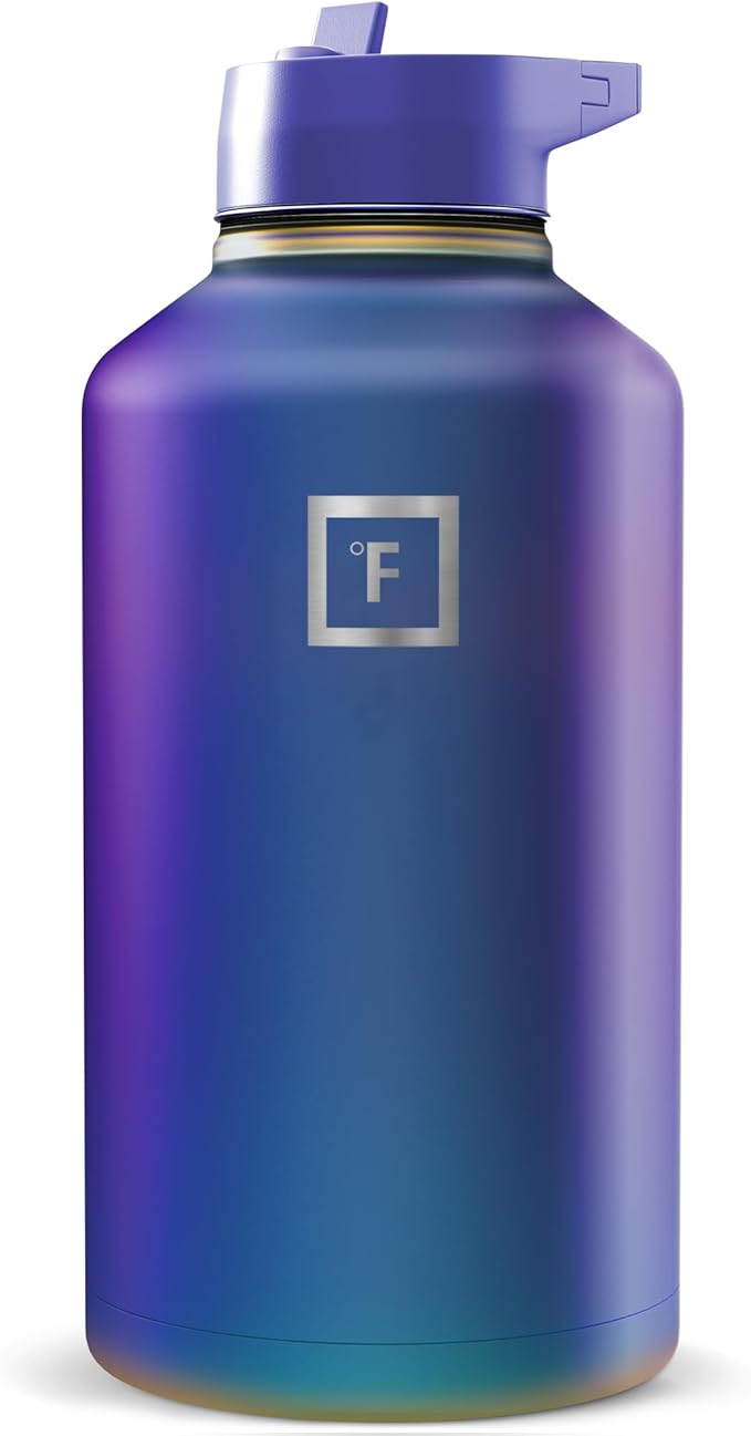 IRON °FLASK Camping & Hiking Hydration Flask with Straw, Wide Mouth Insulated Stainless Steel Sports Water Bottle - Aurora 64 oz - Straw (1 Lid)