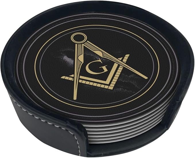 Masonic Freemason Black Leather Drinks Coasters with Holder, Set of 6, Suitable for Various Cups
