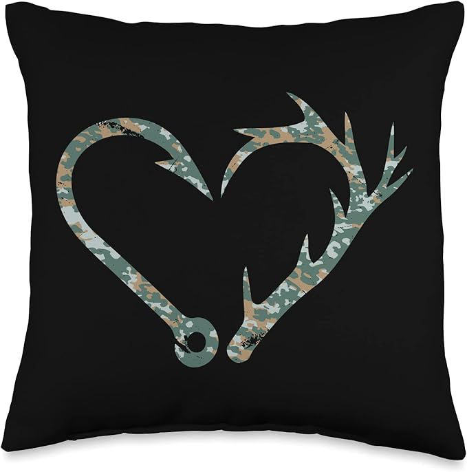 Fishing Hook Antler Heart Fishing Hunting Camo Deer Fish Throw Pillow