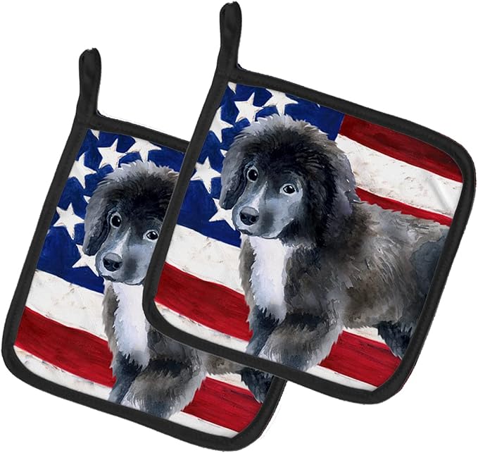 Caroline's Treasures BB9699PTHD Newfoundland Puppy Patriotic Pair of Pot Holders Kitchen Heat Resistant Pot Holders Sets Oven Hot Pads for Cooking Baking BBQ, 7 1/2 x 7 1/2