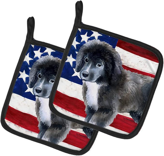 Caroline's Treasures BB9699PTHD Newfoundland Puppy Patriotic Pair of Pot Holders Kitchen Heat Resistant Pot Holders Sets Oven Hot Pads for Cooking Baking BBQ, 7 1/2 x 7 1/2