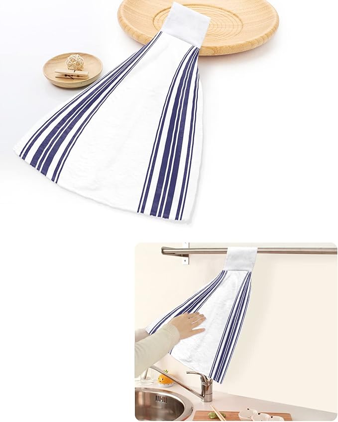Alandar Home Kitchen Tie Towel Set of 2, Navy Blue Vertical Stripes Absorbent Soft Hand Towels for Bathroom Hanging Towels, Nautical Lines Art Fast Drying Cleaning Cloth with Loop