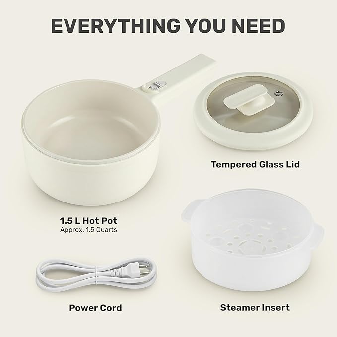 CERAMAX PRO Electric Hot Pot with Lid & Steamer, 2L Non Toxic Ceramic Cooker Skillet for Ramen, Eggs, Pasta for Dorms, Camping, RVs, Work, Adjustable Temp. - New Improved 2025 Model