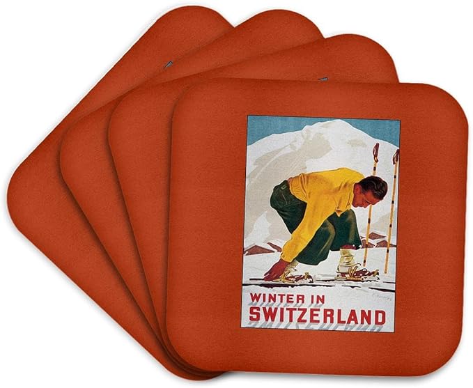 3dRose Winter in Switzerland Man Putting on His Skis Luggage Label - Soft Coasters, Set of 4 (CST_170532_1)