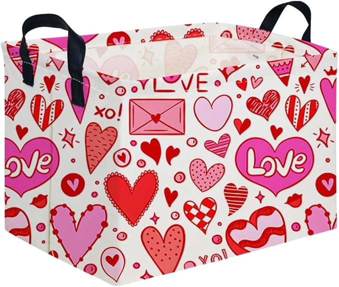 Rectangular Valentines Basket,baby Gift Basket Empty,Pink Gift baskets with Handle Organizer,Heart Print easter Baskets,Girl Room Decor(Grid love)