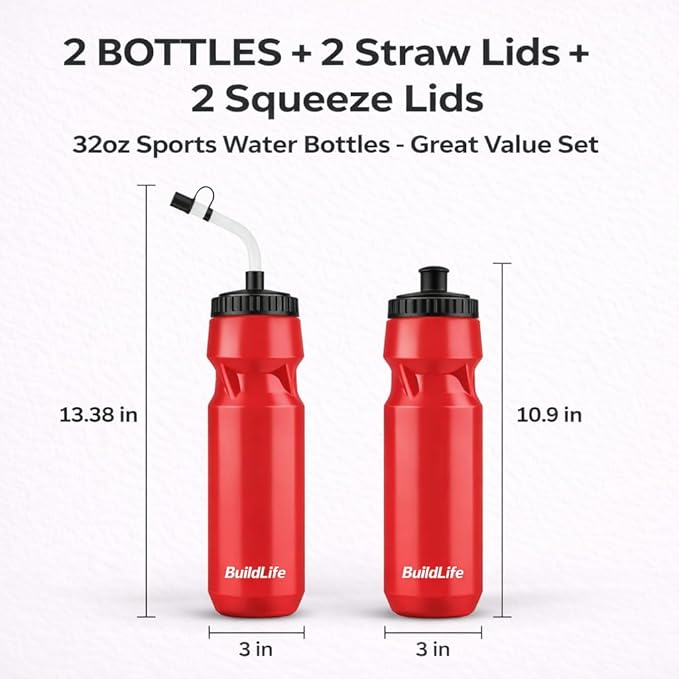 BuildLife 2 Pack Sports Water Bottle - Hockey Water Bottle with Long Straw and 2 lids (Straw and Squeeze) for Helmet Sports Hockey, Lacrosse, Football, Boxing, BPA Free,Dishwash Safe (Red)