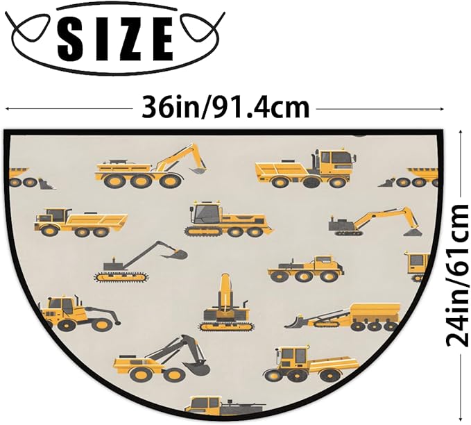 Yellow Excavator Trucks Half-Round Door Mat | Indoor Entrance Half-Moon Rug | Low-Pile | Area Rug, Non-Slip, Absorbent Semi-Circle Welcome Mats for Kitchen, Patio, and Home Decor | 36x24 Inches