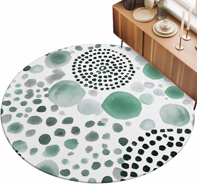 Washable Round Area Rug Abstract Teal Circles Circle Rugs Floor Carpet for Living Room Bedroom, Sage Green Geometric Round Soft Non Slip Round Rug 5ft
