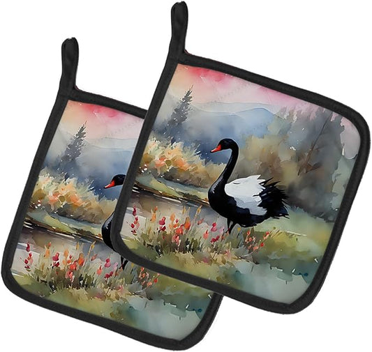 Caroline's Treasures Black Swan Pair of Pot Holders Kitchen Heat Resistant Pot Holders Sets Oven Hot Pads for Cooking Baking BBQ, 7 1/2 x 7 1/2