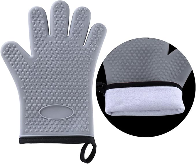 Silicone Oven Mitts with Fingers 2 Pack, Heat Resistant 500°F, Non‑Slip Waterproof Grey Kitchen Oven Gloves with Soft Cotton Lining for Baking, Grilling, BBQ