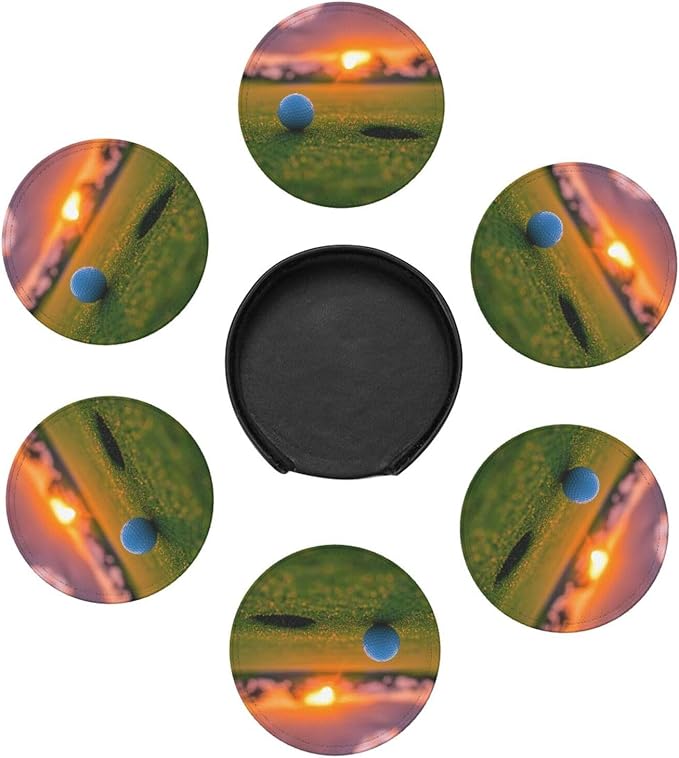 Golfing Golf Leather Drinks Coasters with Holder, Set of 6, Suitable for Various Cups