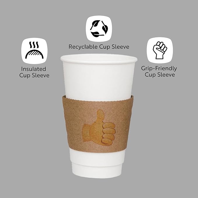 Restaurantware Coffee Sleeves Pack of 50 Corrugated Kraft Paper Coffee Cup Sleeves Fit for 12,16, 20-Ounce Hot Beverages Drinkwares Secure Grip Disposable with Thumbs Up Emoji For Cafes And Take Out